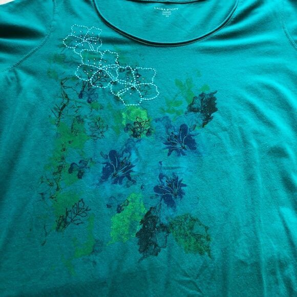 Laura Scott Fancy t shirt turquoise floral short sleeve embellished 2X - Picture 4 of 6